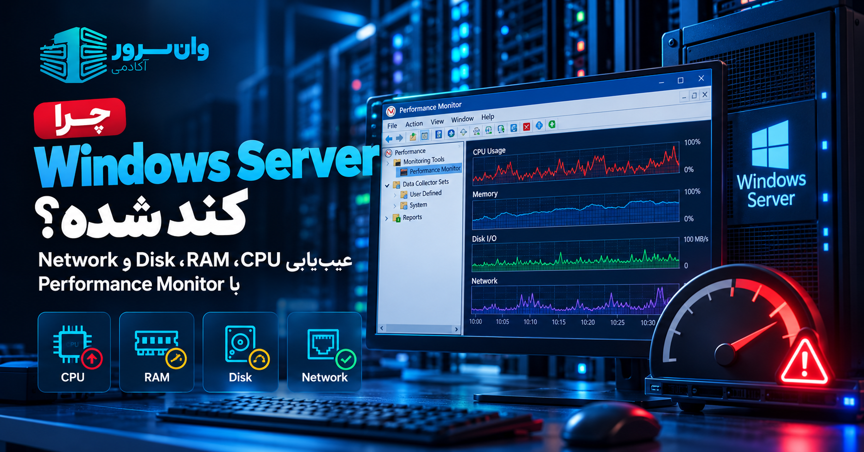 چرا Windows Server کند شده؟ عیب‌یابی CPU، RAM، Disk و Network با Performance Monitor