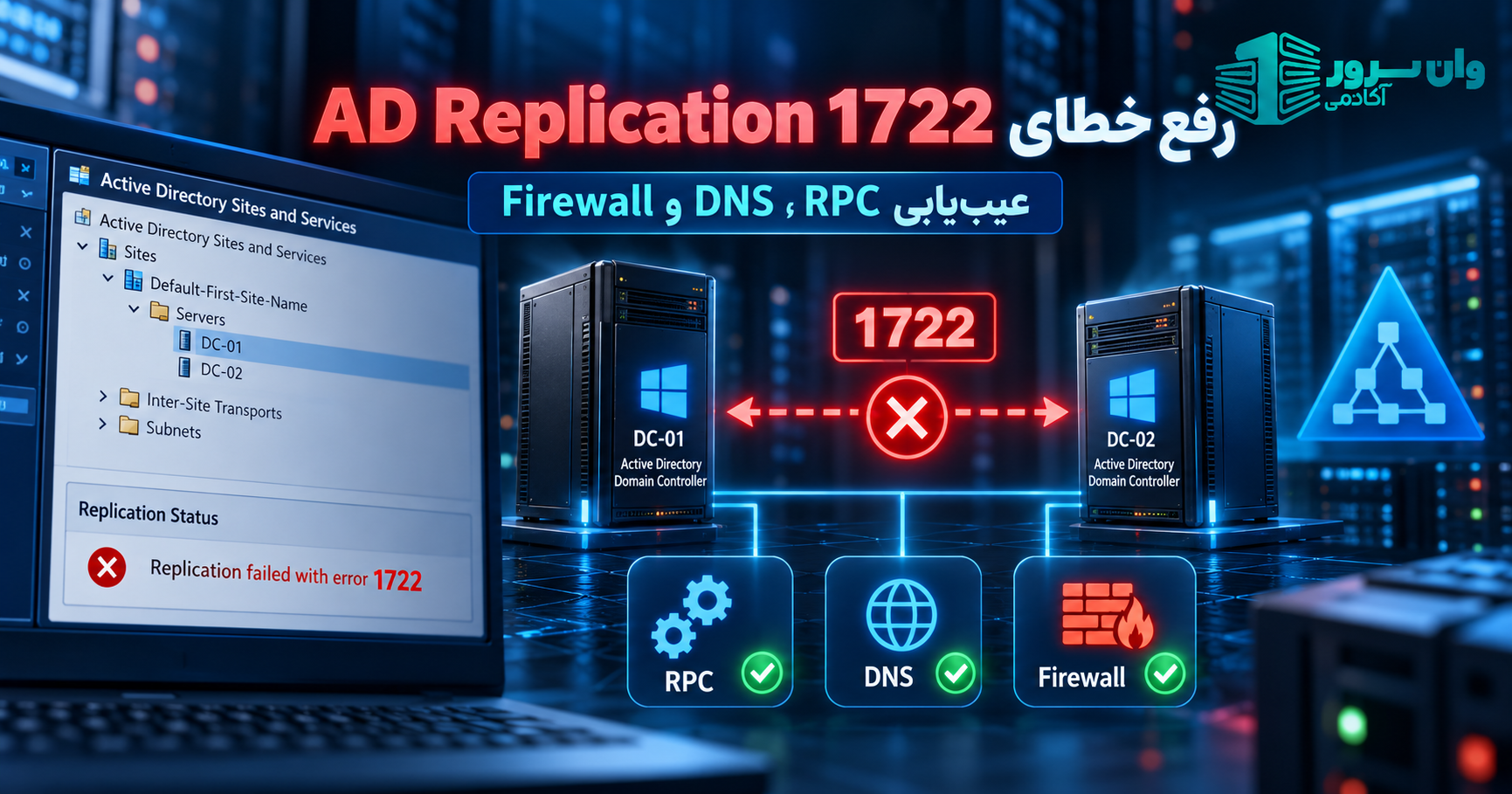 رفع خطای AD Replication 1722 در Windows Server؛ عیب‌یابی RPC، DNS و Firewall