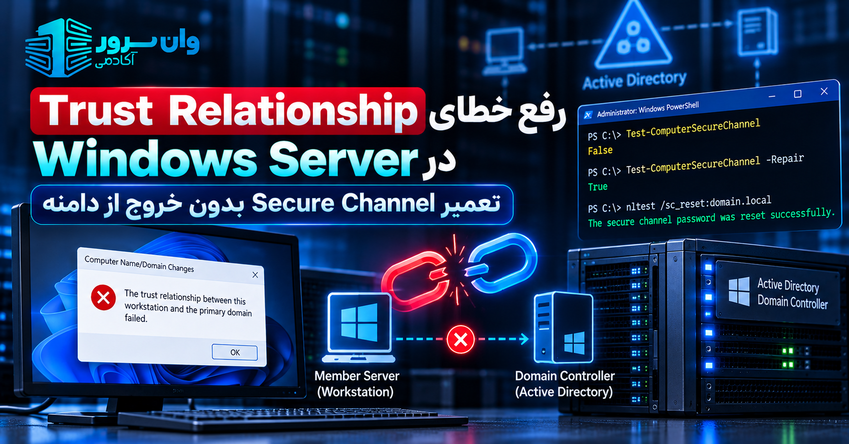 رفع خطای Trust Relationship در Windows Server؛ تعمیر Secure Channel بدون خروج از دامنه