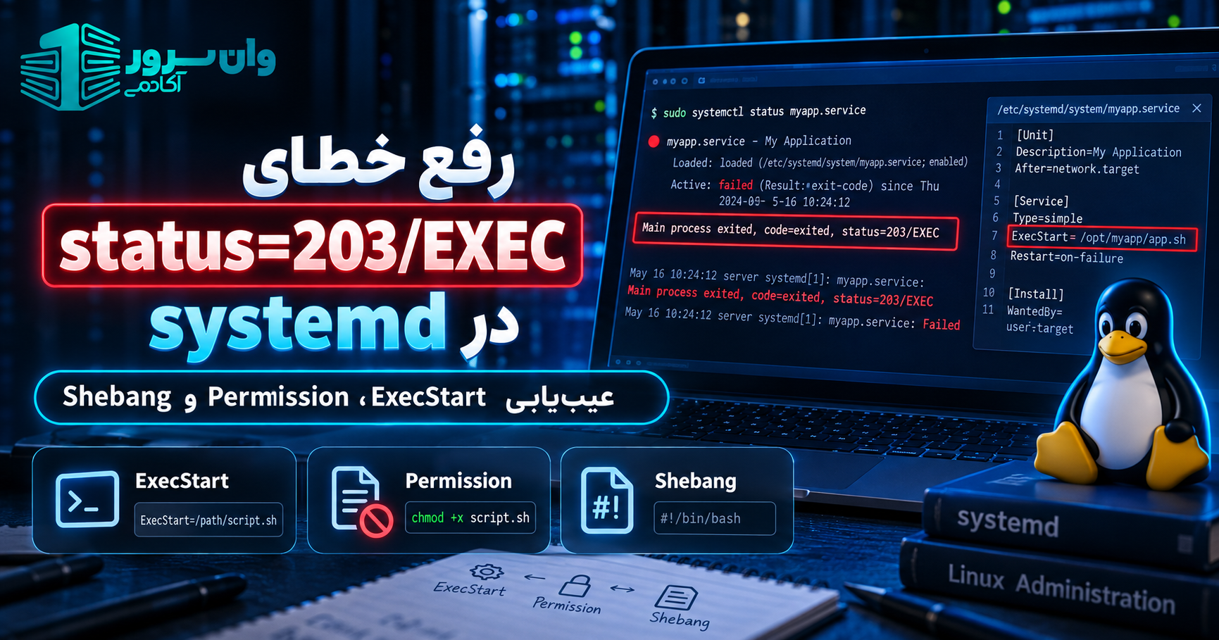 رفع خطای status=203/EXEC در systemd؛ عیب‌یابی ExecStart، Permission و Shebang